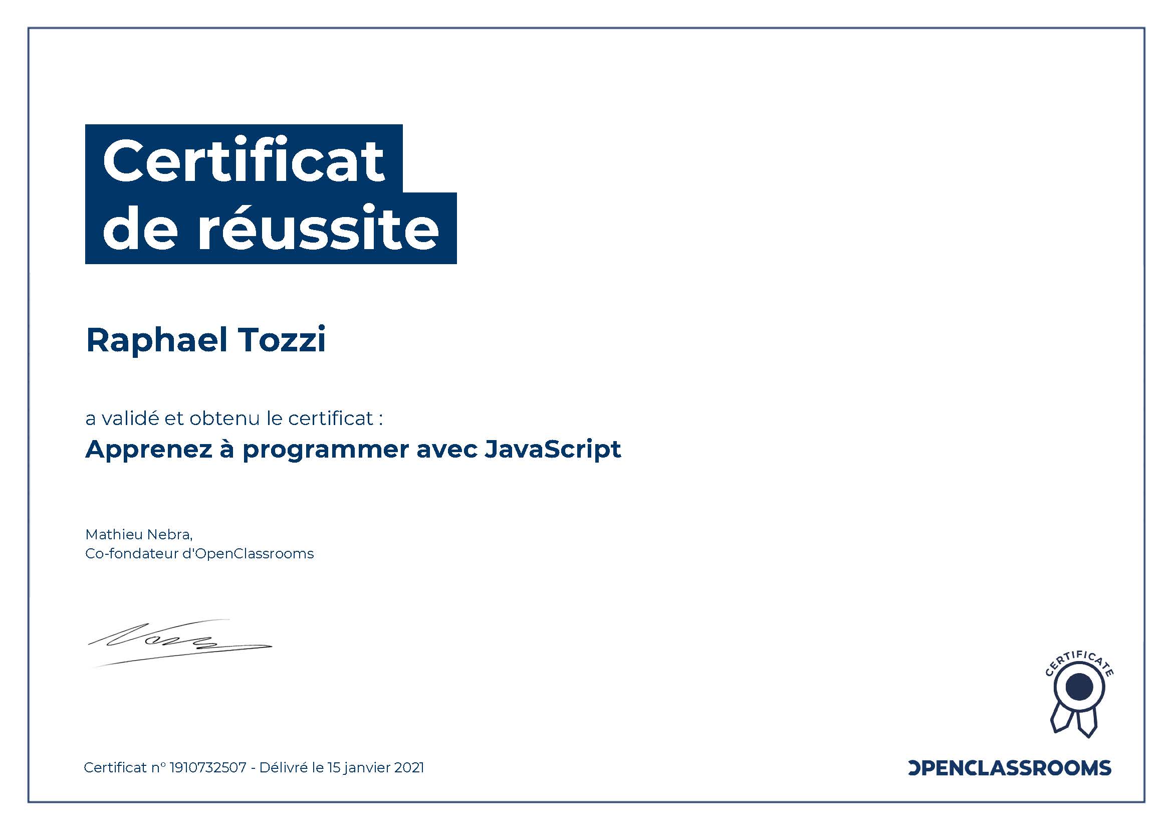 Certificat JavaScript OpenClassrooms