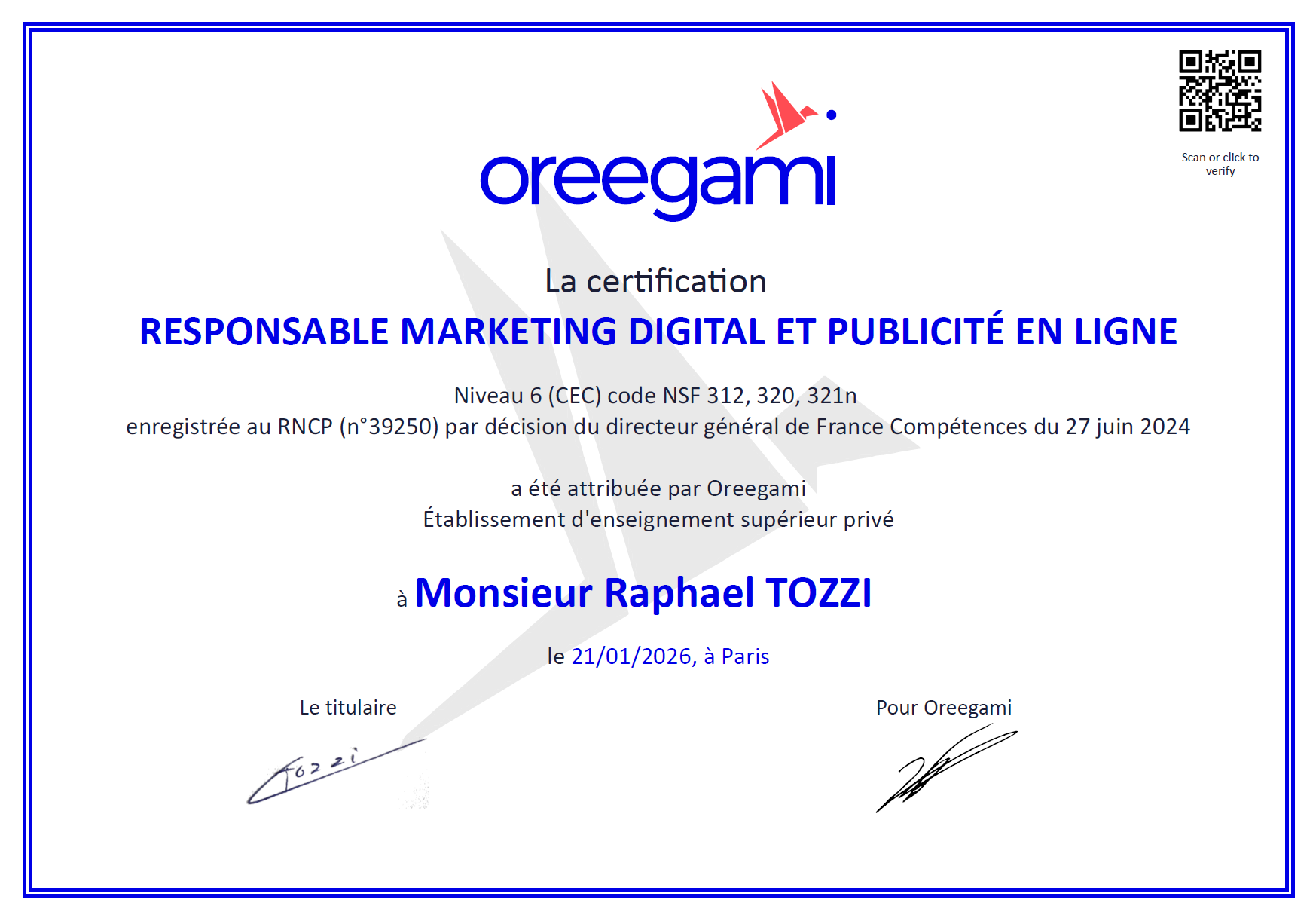 Diplôme Oreegami - Responsable Marketing Digital